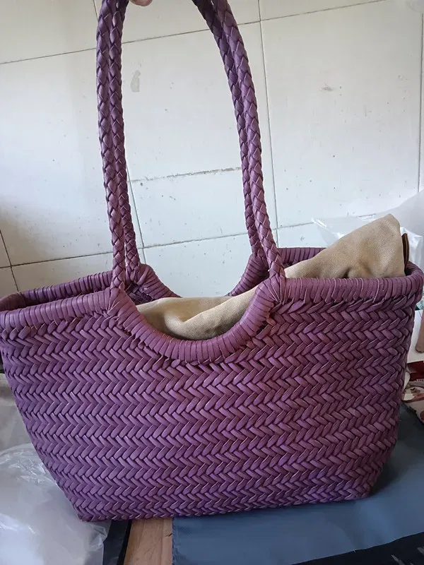 Hand Knitted Designer Genuine Leather Elegant ?‹Handle Female Totes Vintage Women's Handbag Cowskin Lady Large Shoulder Bag