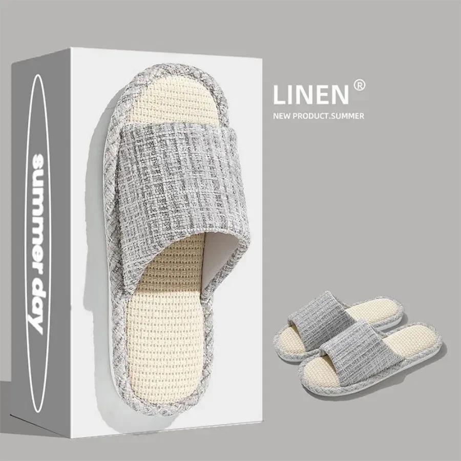 Color: Burgandy, Shoe Size: 36-37 - 2024 New Women's Fashion Home Linen Couple Slippers Breathable Home Shoes Moisture Absorbing Anti slip Cotton Linen Slippers