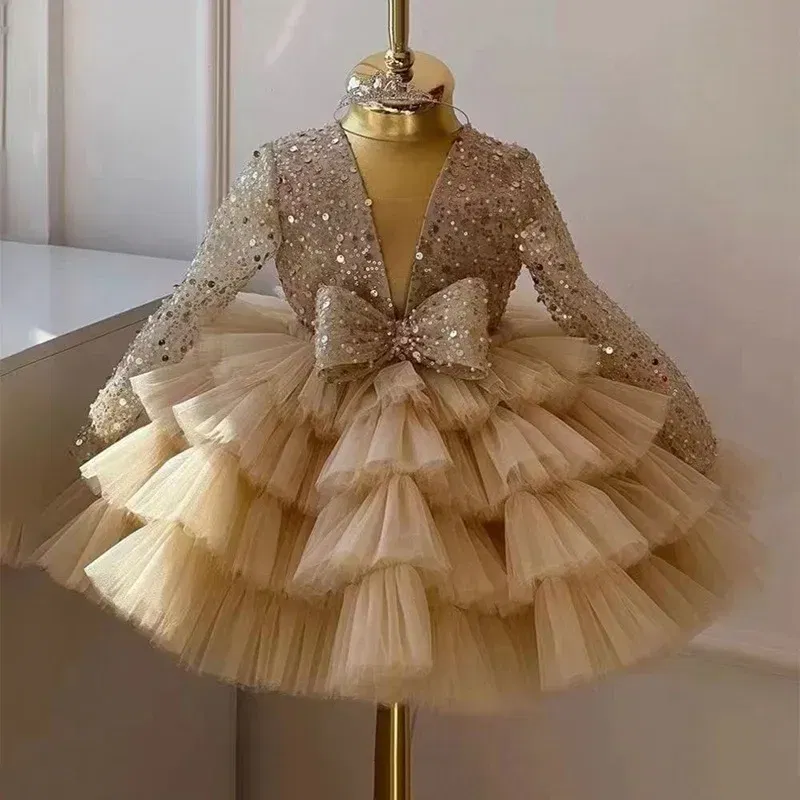 Kid Size: 10T, Color: Khaki - 2-12 years old  sequin long-sleeved dress girl puffy dress girl lace birthday wedding flower girl bow performance dress