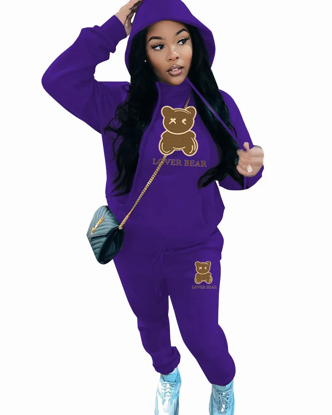 Color: PURPLE, Size: M - 2 Piece Set Women Outfit Letter Bear Print Hooded Neck Hoodies Sweatshirt Pants Tracksuit 2024 Plus Size Streetwear Casual Suit