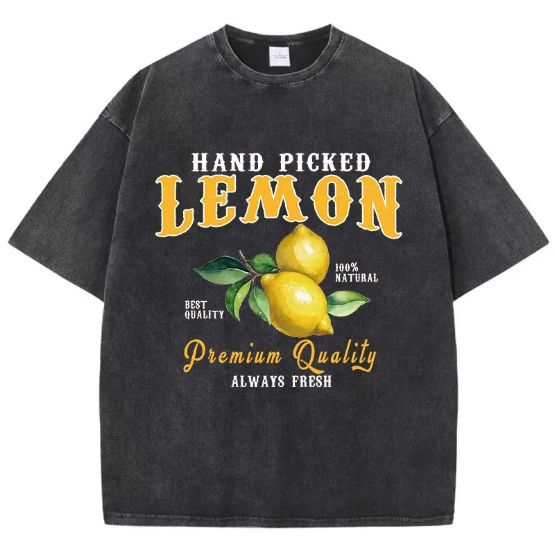 Color: Gold, Size: XXL - Summer Lemon Washed T-Shirts Womens Cotton Oversized O-Neck T Shirts Fresh Fruit Prints Tops Casual Short Sleeve Woman Clothes