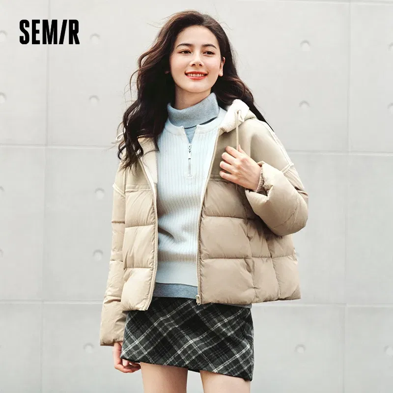 Semir Cotton Jacket Women Patchwork Loose Cotton Jacket Retro 2024 Winter New Furry Hooded Puffer Coat Trendy Cotton Jacket
