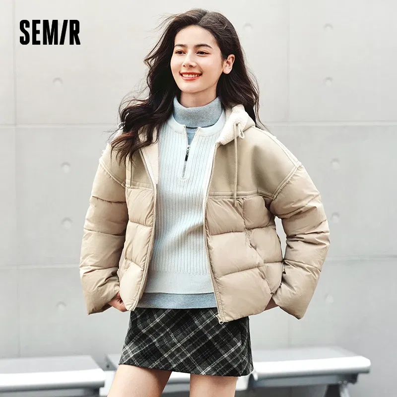 Semir Cotton Jacket Women Patchwork Loose Cotton Jacket Retro 2024 Winter New Furry Hooded Puffer Coat Trendy Cotton Jacket