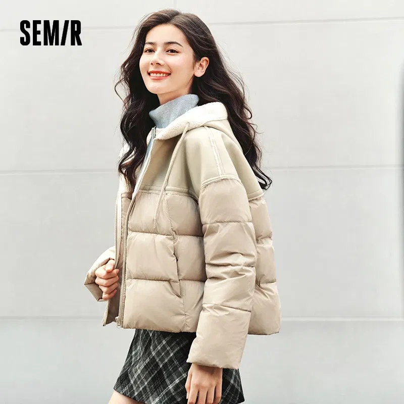Semir Cotton Jacket Women Patchwork Loose Cotton Jacket Retro 2024 Winter New Furry Hooded Puffer Coat Trendy Cotton Jacket