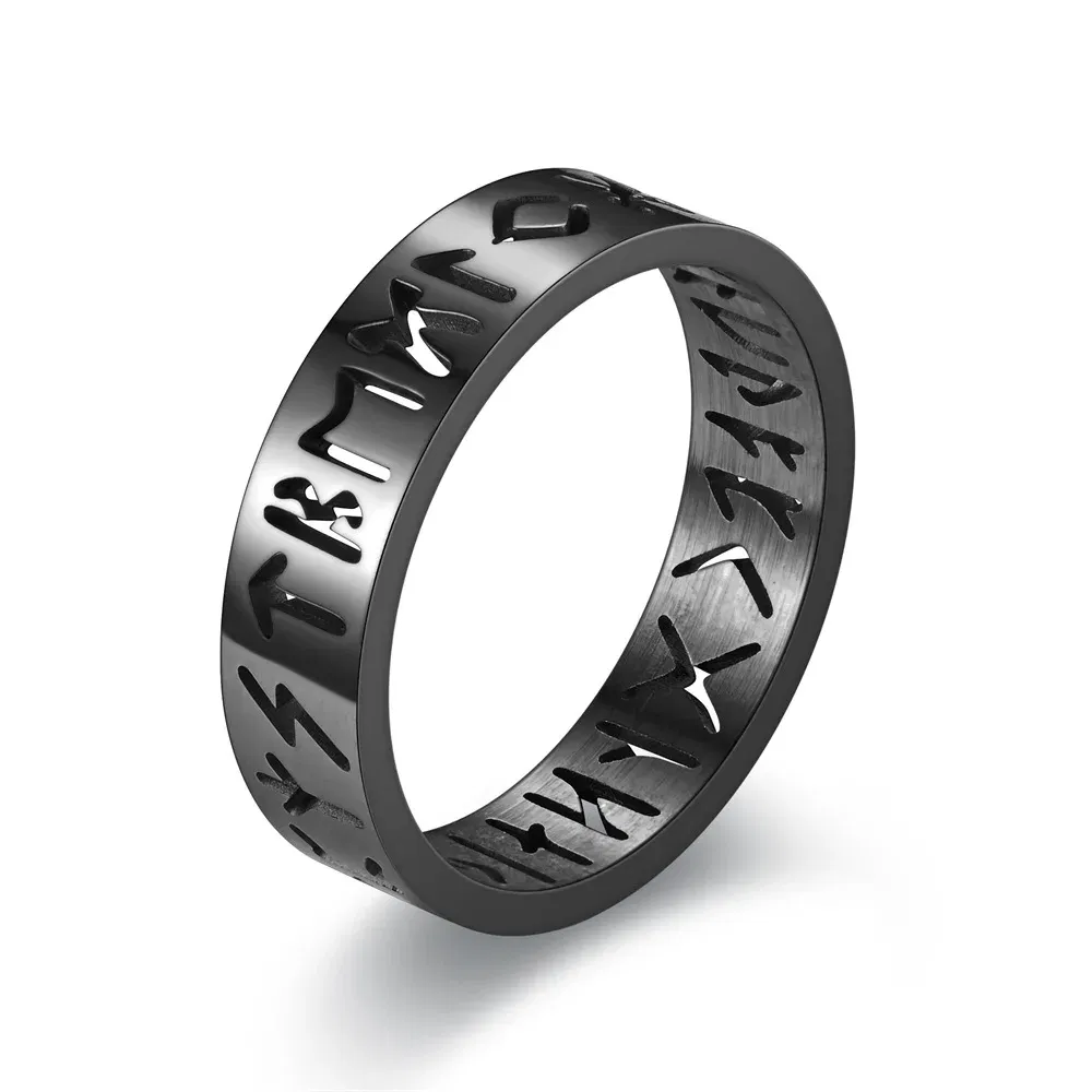 Main Stone Color: Black, Ring Size: 3.5 - 2023 New Stainless Steel Hollow Out Ring for Men Women Fashion Hollow Rune Design Finger Anillo Antiestres Anxiety Rings