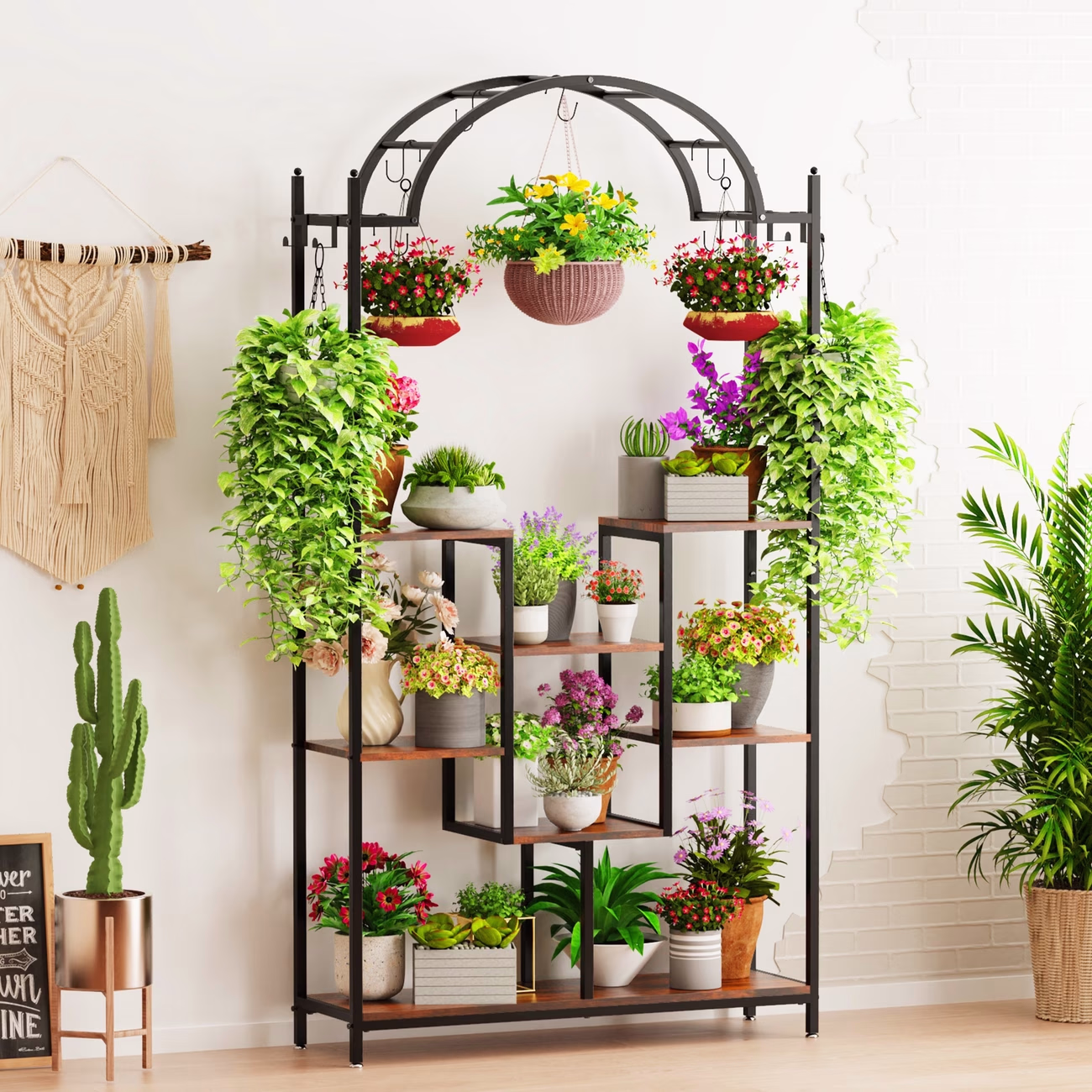 wisfor 5-Tier Metal Plant Stand – Spiral Ladder Plant Shelf with 16 Hanging Hooks