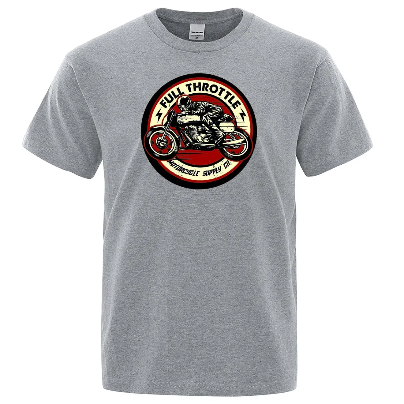 Color: GRAY, Size: S - Full Throttle Cafe Racer Rockabilly Biker Printed T-Shirt Men Fashion Casual Short Sleeve Loose Cotton Tshirt Summer Loose Tees