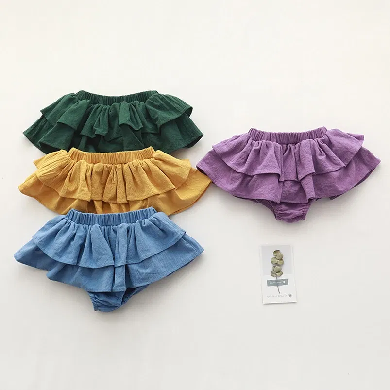 Color: Beige, Kid Size: 3M - Double Layers Ruffles Lace Baby Skirt Pants Summer Cotton Linen Kids Pettiskirt Toddler Dancing Wedding Clothing Tutu Skirt