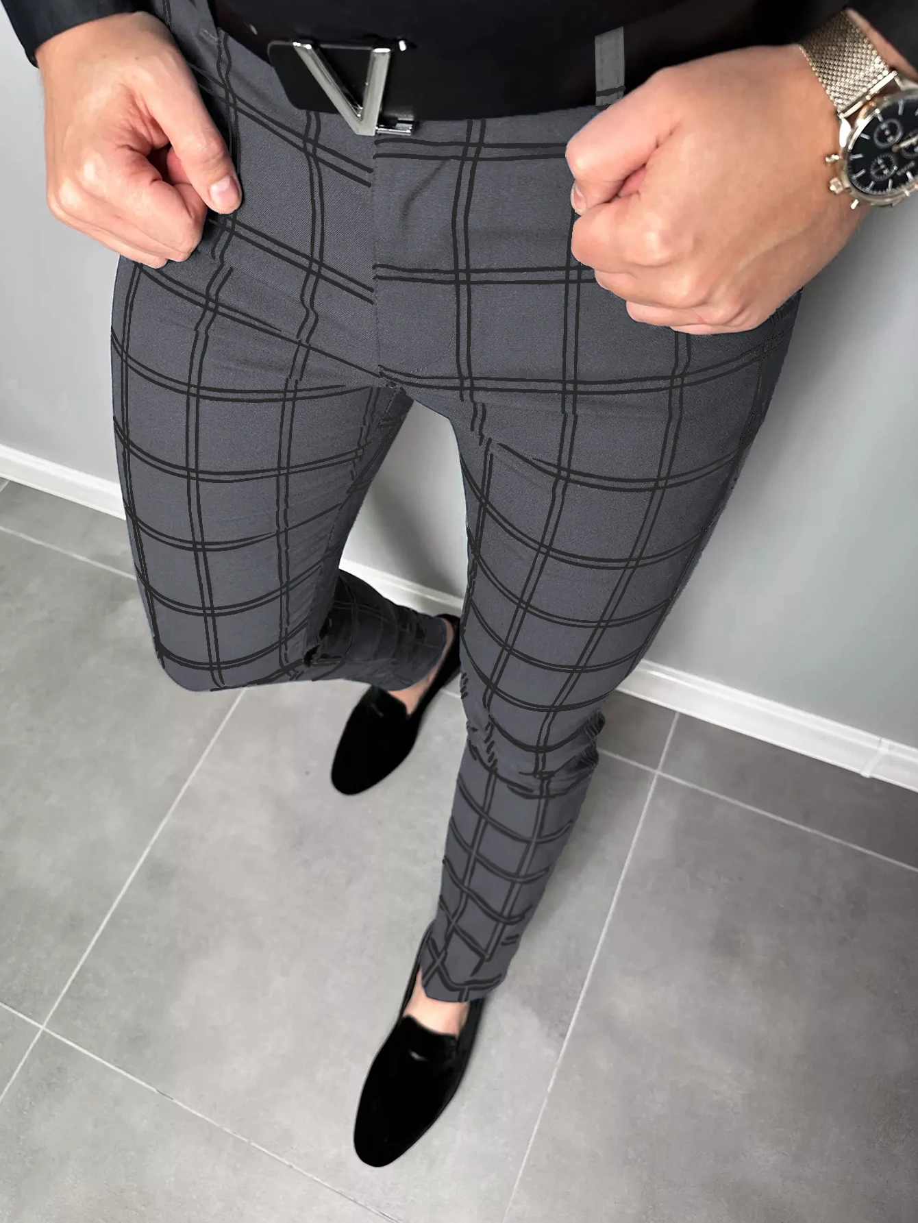Color: black, Size: XXXL - Checkered Fashion Europe and the United States Style Men's Pants Business Casual Travel Slim Pants Comfortable and Versatile