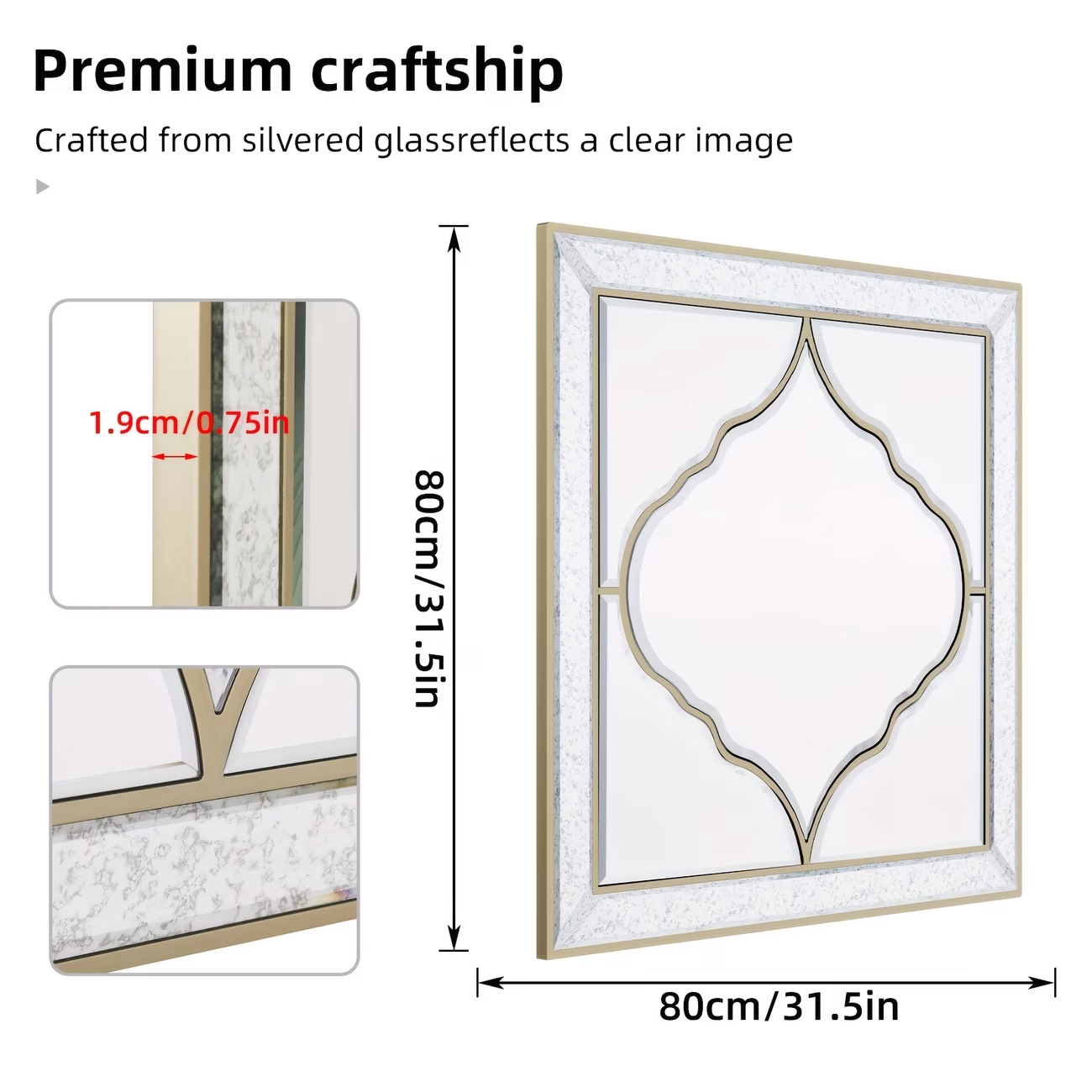 wisfor Wall Art Mirror – Elegant Square Decorative Accent Mirror with Silvery Glass and Golden Rim
