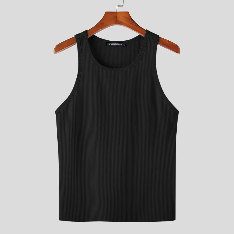 Color: black, Size: L - INCERUN Men Tank Tops Solid Color O-neck Sleeveless Streetwear Summer Casual Vests Skinny 2023 Fashion Leisure Men Clothing 5XL