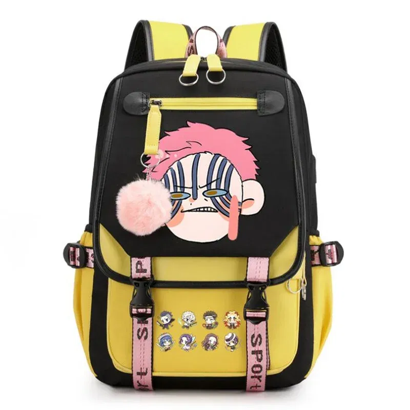 Color: Yellow, Size: 17 Inches - Demon Slayer Backpack Schoolbag USB Laptop Bag Tokitou Muichirou Kanroji Mitsuri Men Women Rucksack Travel Shoulder Outdoor Bags