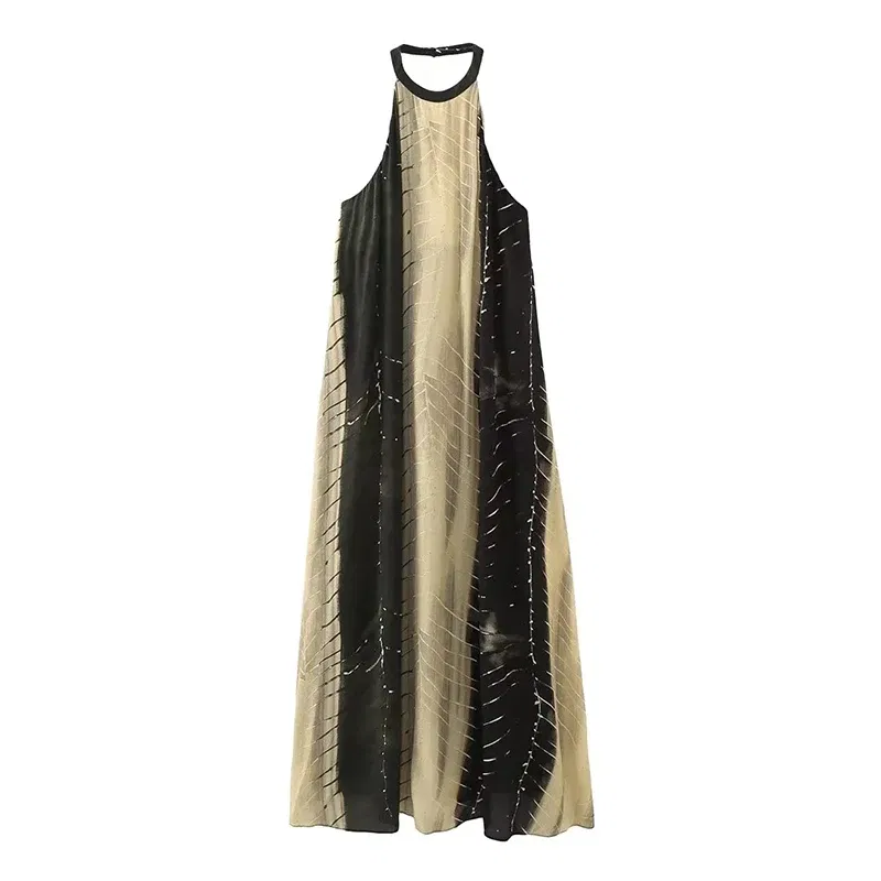 Color: Beige, Size: S - Casual Neck-mounted Dresses Summer Women Backless Sleeveless Beach Holiday Loose Dress Back Opening Design Long Dress