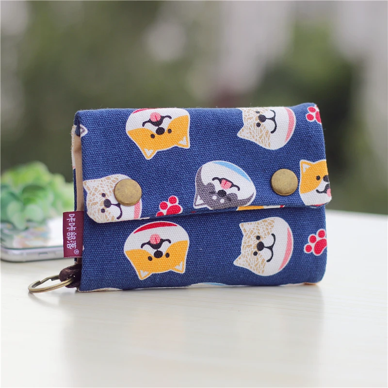 Color: Blue - Handmade Three Fold Fabric Wallet Women Men Simple Short Zipper Purses for Teens Personality Multi-function Key Bag Card Holder