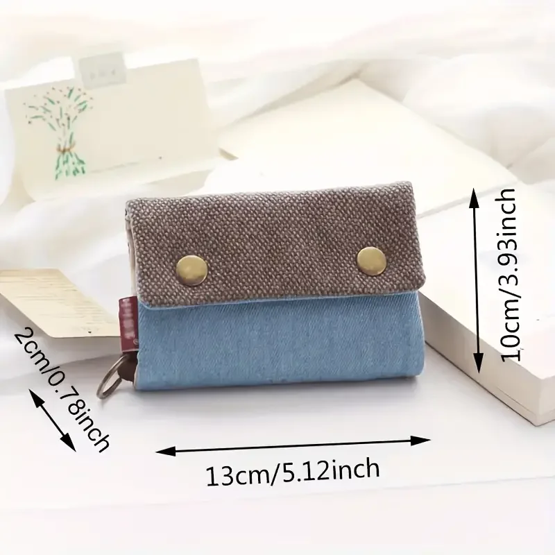 Color: Blue - Handmade Three Fold Fabric Wallet Women Men Simple Short Zipper Purses for Teens Personality Multi-function Key Bag Card Holder