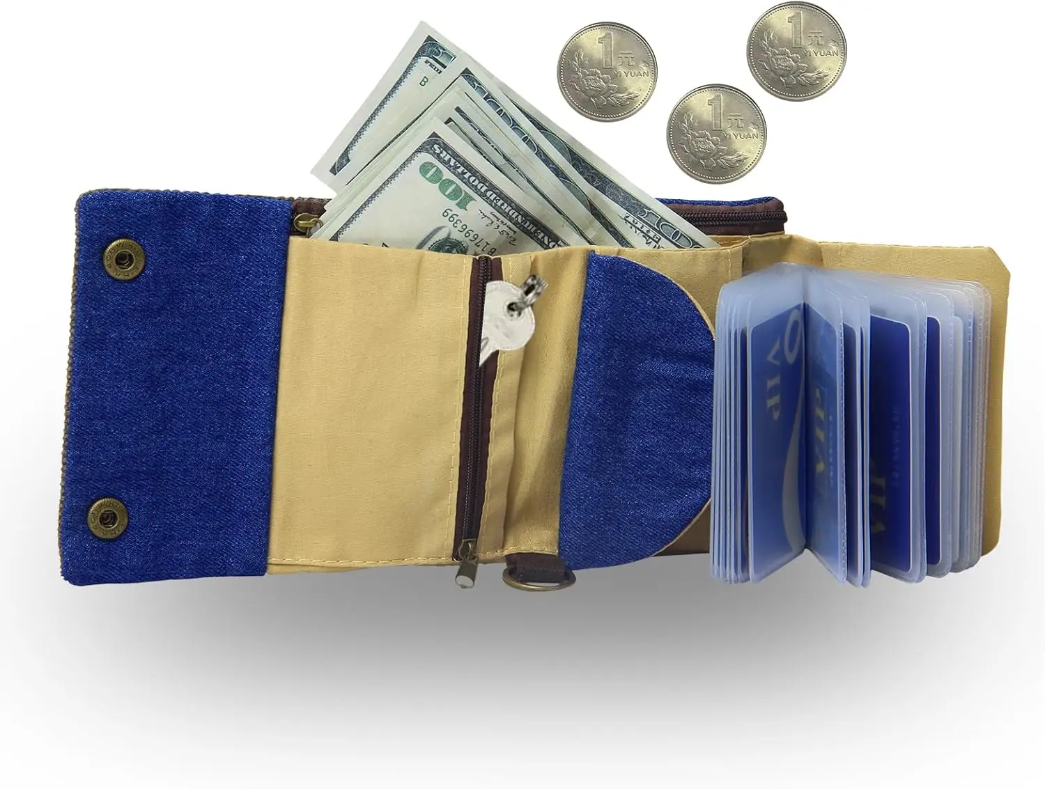 Color: Blue - Handmade Three Fold Fabric Wallet Women Men Simple Short Zipper Purses for Teens Personality Multi-function Key Bag Card Holder