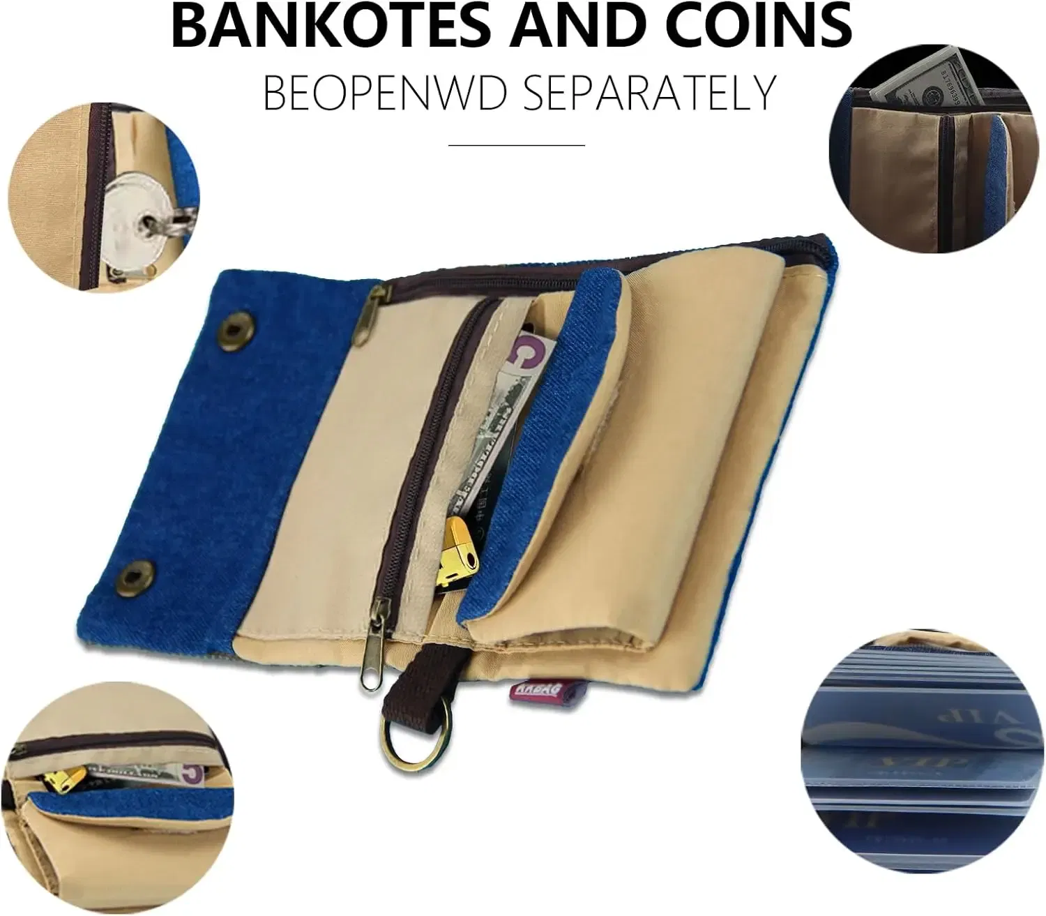 Color: Blue - Handmade Three Fold Fabric Wallet Women Men Simple Short Zipper Purses for Teens Personality Multi-function Key Bag Card Holder