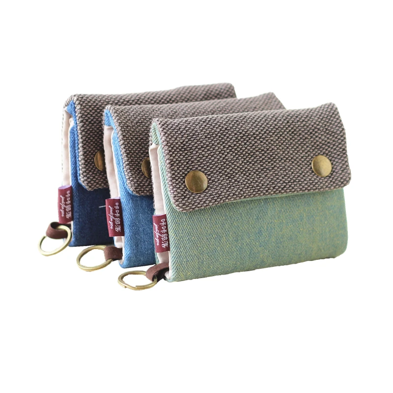 Color: Blue - Handmade Three Fold Fabric Wallet Women Men Simple Short Zipper Purses for Teens Personality Multi-function Key Bag Card Holder