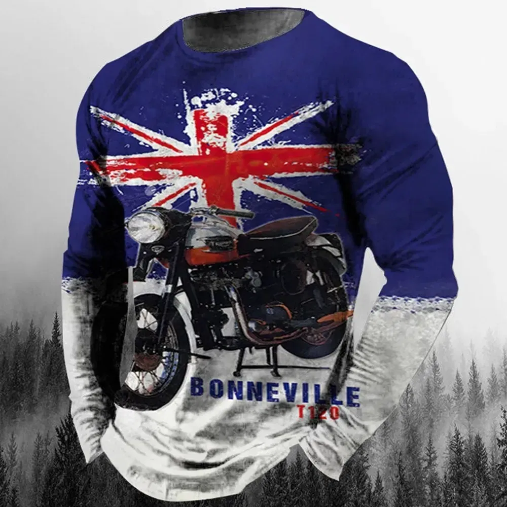 Color: Navy Blue, Size: XXL - Vintage Men's T-shirt Long Sleeve Biker Tops Tees 3D STP Oil Print Motorcycle T shirt Oversized Loose Texaco Man Clothing