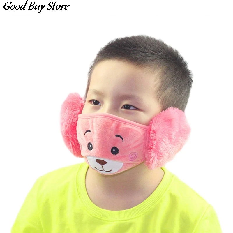 Color: WHITE - Cartoon Bear Earmuffs Children Autumn Winter Fur Earmuff Mouth Cover Kids Comfortable Ear Muff Ear Warmer Skiing Warm Earlap