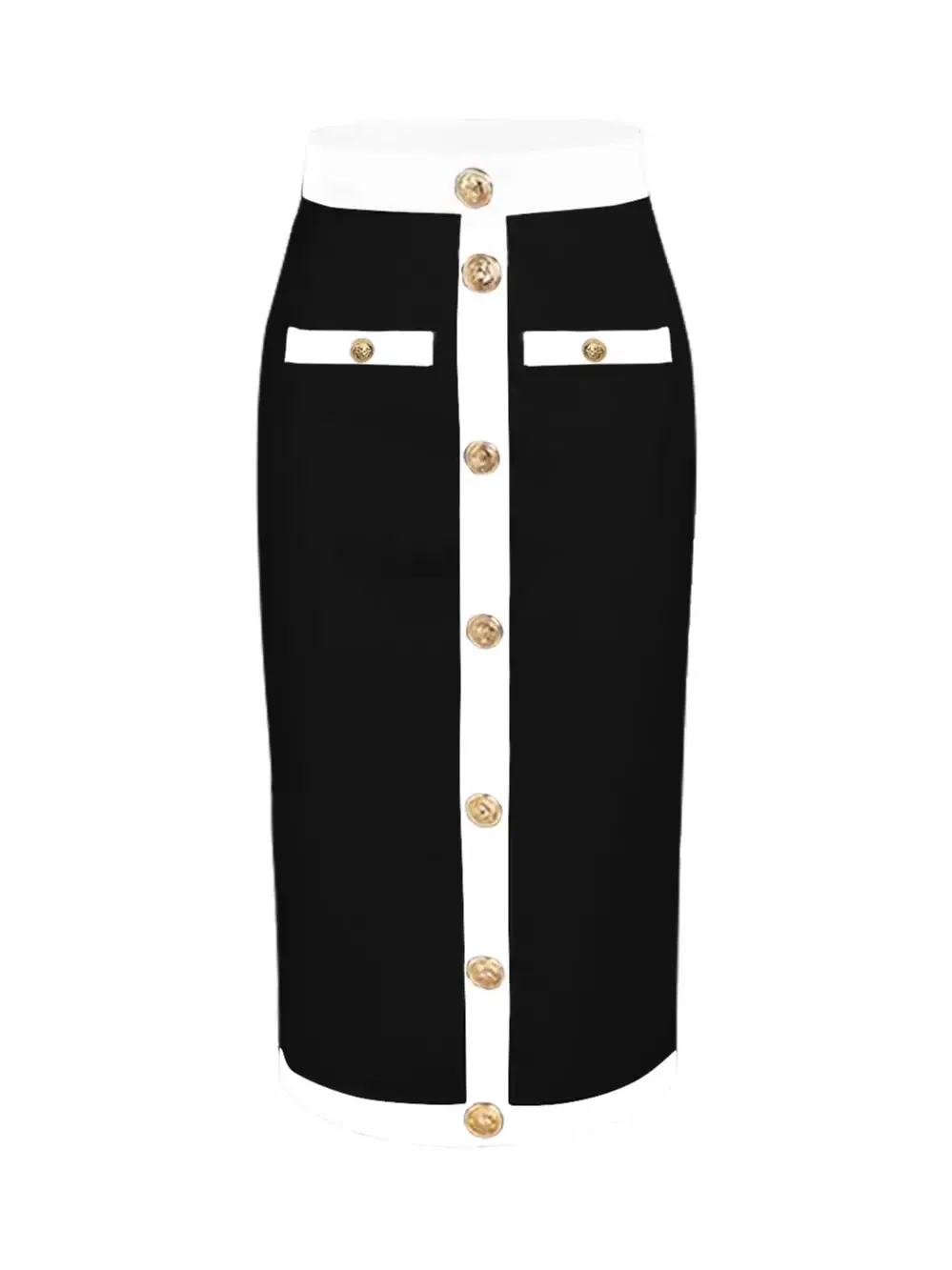 Color: black, Size: L - New Arrival Women Button Patchwork White Black Bodycon Bandage Skirt 2024 Designer High Waist Party Club Pencil Skirt 60cm