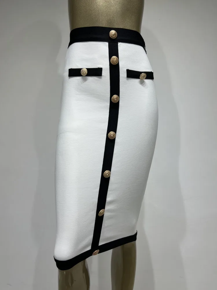 Color: black, Size: L - New Arrival Women Button Patchwork White Black Bodycon Bandage Skirt 2024 Designer High Waist Party Club Pencil Skirt 60cm