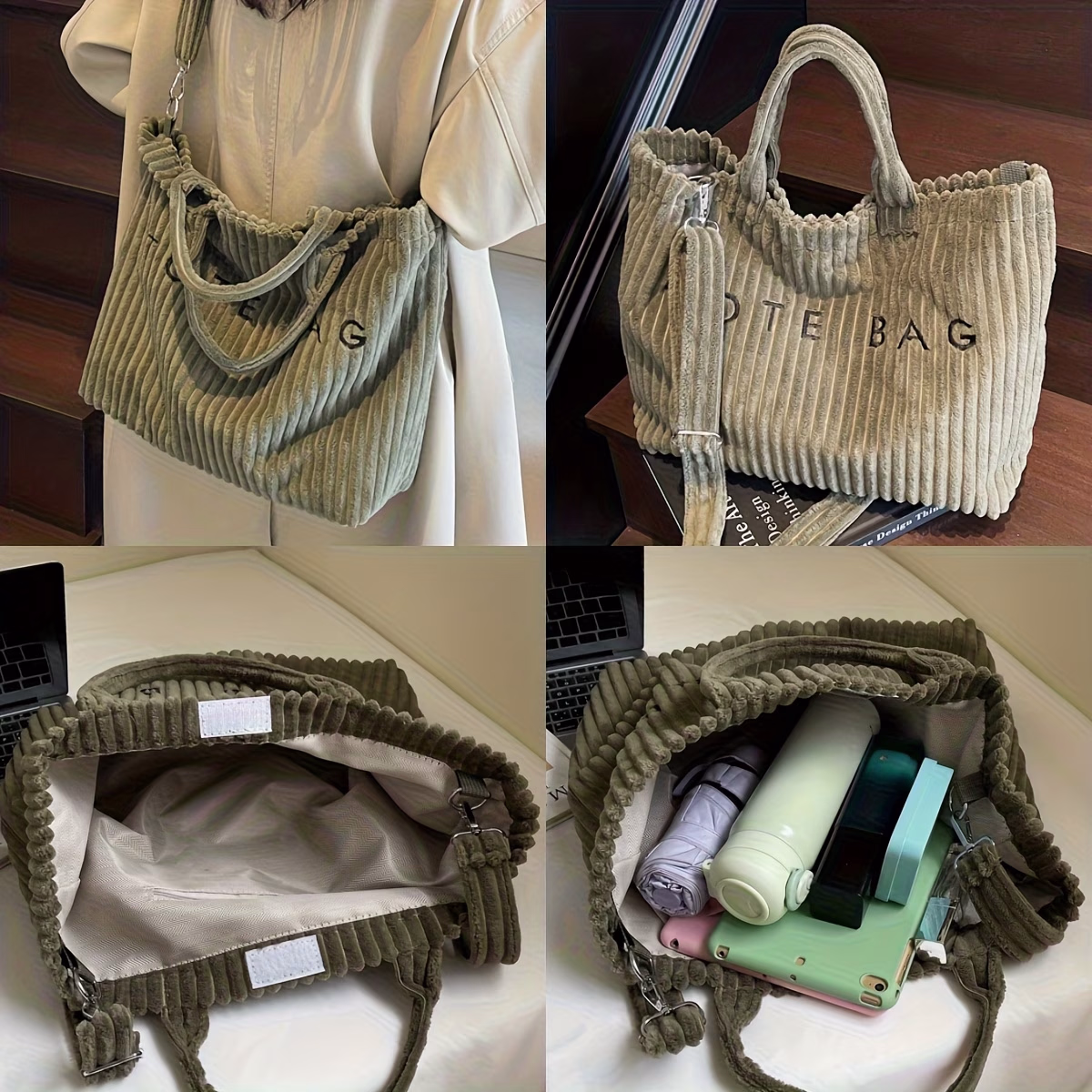 Perfect Lily Women's Corduroy Tote Bag – Adjustable Strap & Closure, Soft Large Capacity Handbag