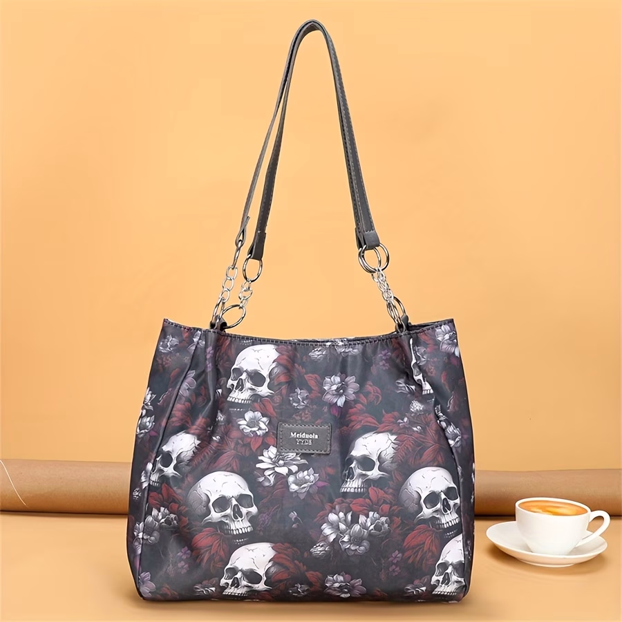 Perfect Lily Women's Versatile Nylon Tote Bag – Large Capacity with Punk Style Flower Skull Decor