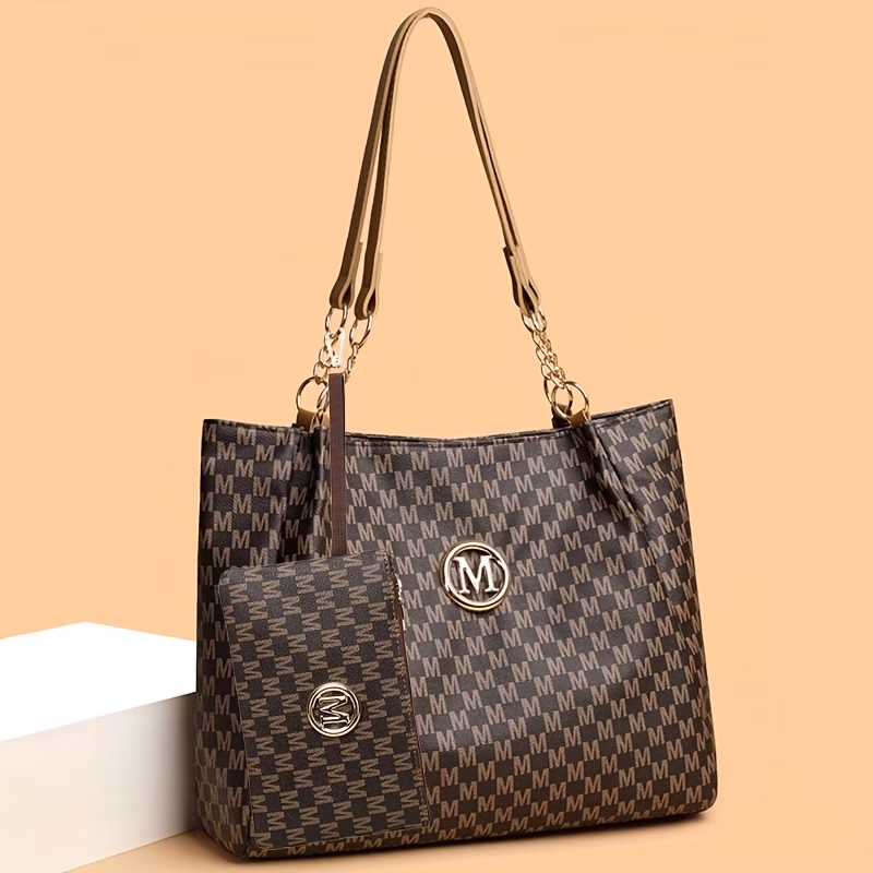 Perfect Lily Women's Houndstooth 'M' Logo Handbag & Wallet Set – Multi-Wallet Crossbody Bag with Zipper Closure