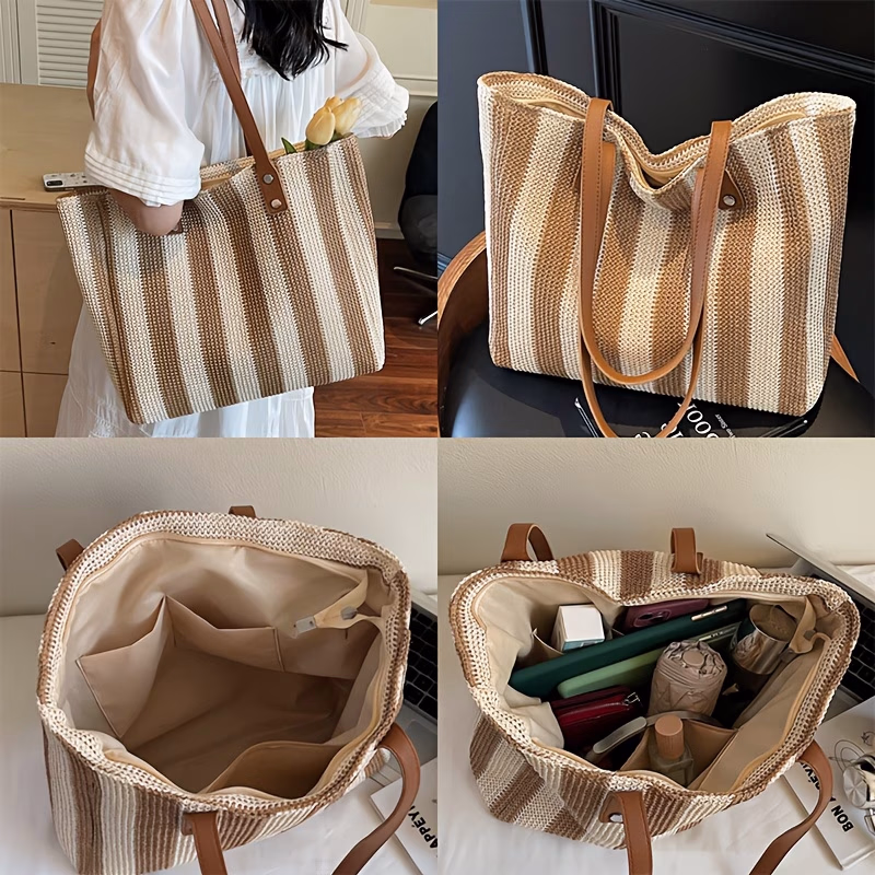 Perfect Lily Women's Fashion Classic Striped Shoulder Bag – Versatile Woven Tote for Summer Vacations