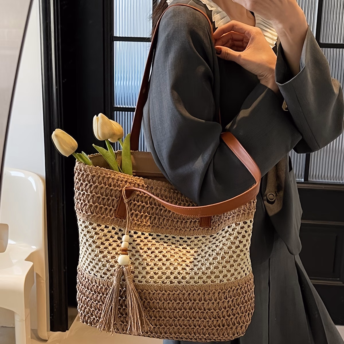 Perfect Lily Women’s Color-Block Design Woven Tote Bag – Bohemian Style, Large Capacity & Fringe Details