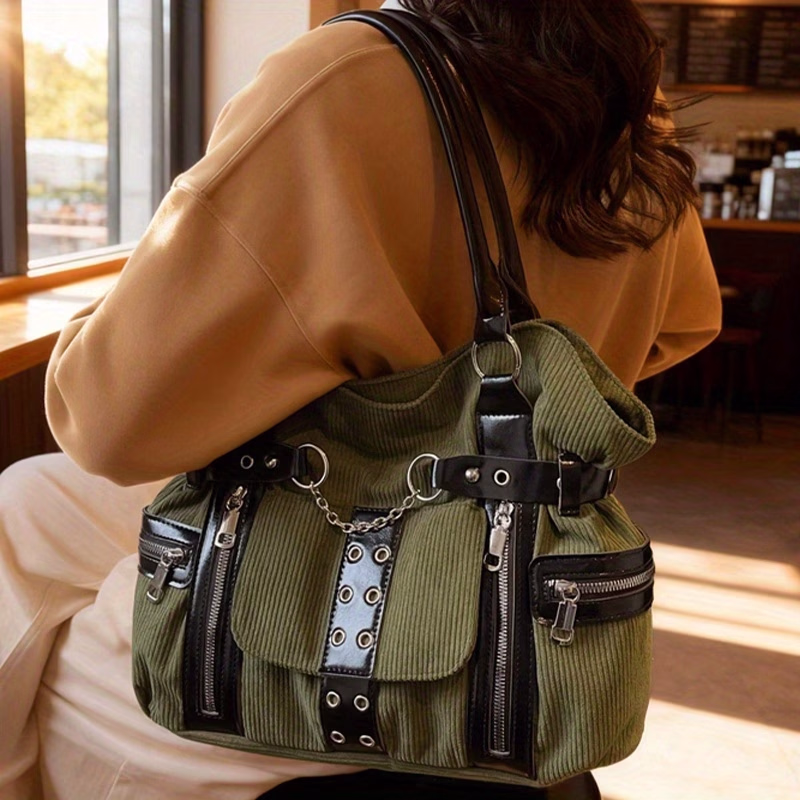 Perfect Lily Corduroy Gothic-Style Color-Blocked Chain Shoulder Bag – Large Capacity with Zippers and Pockets