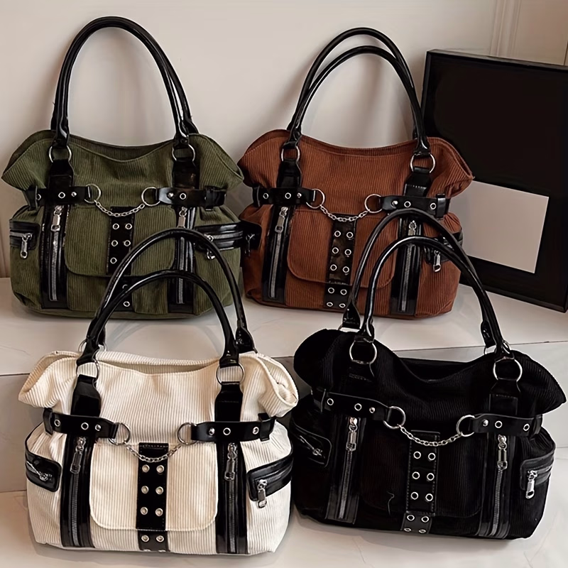 Perfect Lily Corduroy Gothic-Style Color-Blocked Chain Shoulder Bag – Large Capacity with Zippers and Pockets