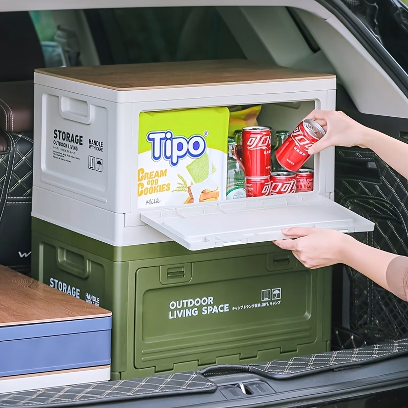 Outdoor Camping Storage Box – Side Opening Camping Wooden Cover Folding Box, Car Trunk Storage Box, Plastic Storage Box