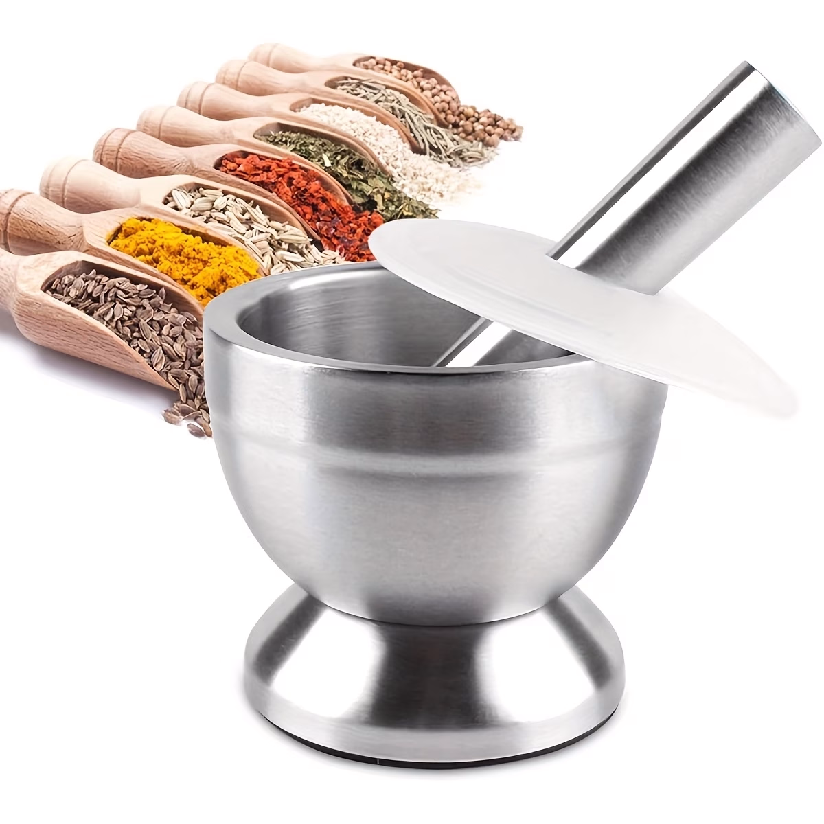 1 Set Stainless Steel Mortar and Pestle Set – Food-Grade Spice Grinder with Translucent Lid, Anti-Slip Base for Grinding and Crushing Herbs and Spices