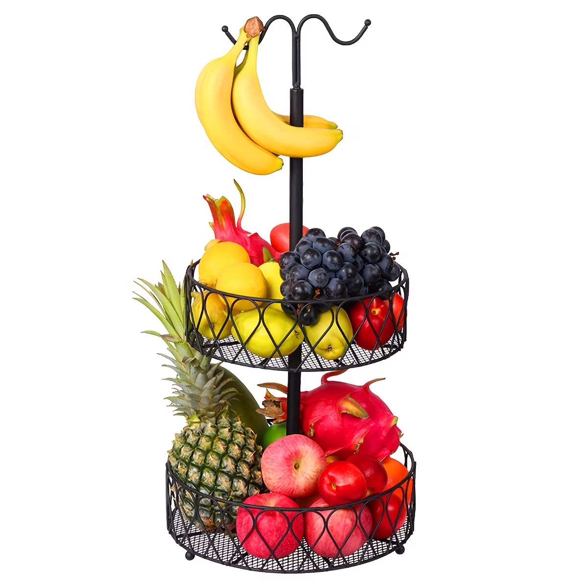2-Tier Fruit Basket Bowl with Banana Hanger – Detachable Metal Wire Design, Stable and Durable for Fruits, Vegetables, Easy to Clean, Rustproof Steel Construction