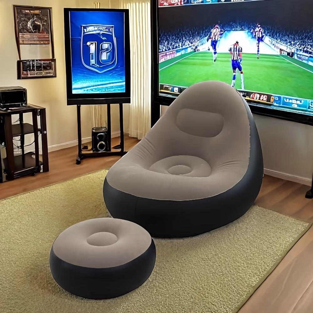 Inflatable Leisure Sofa Chair with Footstool – Portable Flocked Lounge Seat for Indoor, Outdoor, Camping, and Poolside Relaxation