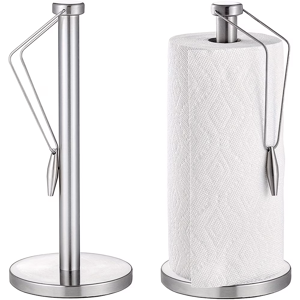 Stainless Steel Paper Towel Holder with Spring Tension Arm, Weighted Base, Non-Slip Pad, One-Handed Tear – Compatible with Standard and Jumbo Rolls