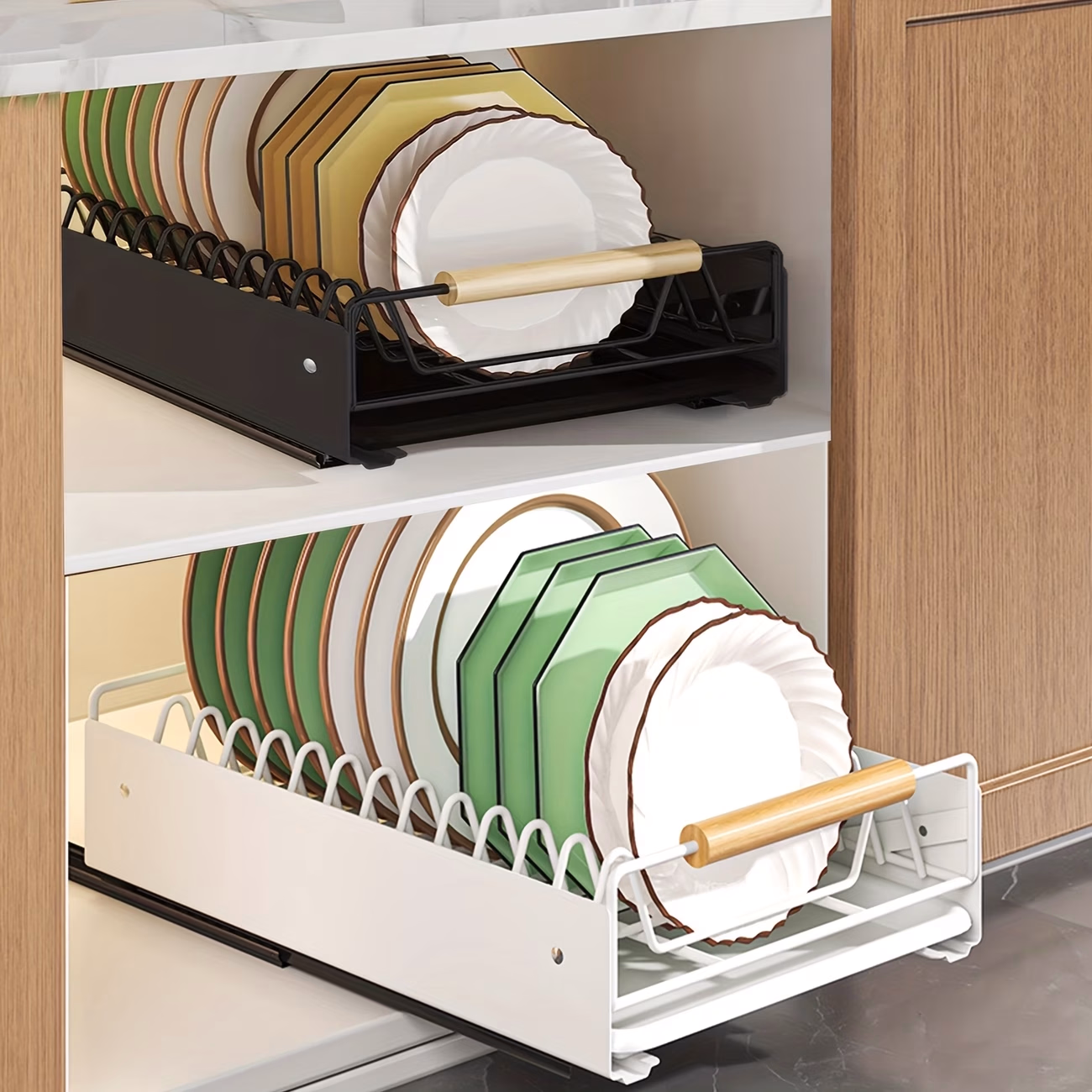 Pull Out Kitchen Cabinet Storage Shelf Rack Drawer Sliding Organizer – Under Sink Dish Rack Pull Out Organizer, Metal Dish Rack with Wood Handle