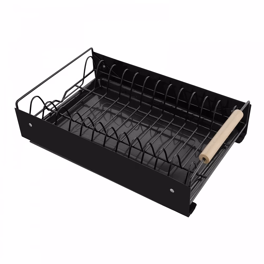 Pull Out Kitchen Cabinet Storage Shelf Rack Drawer Sliding Organizer – Under Sink Dish Rack Pull Out Organizer, Metal Dish Rack with Wood Handle
