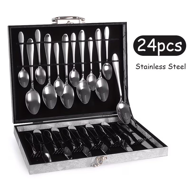 24pcs Stainless Steel Cutlery Set with Silvery Gift Box – High-Quality Stainless Steel Mirror Polished Silveryware Set for Wedding, Restaurant, and Household Use