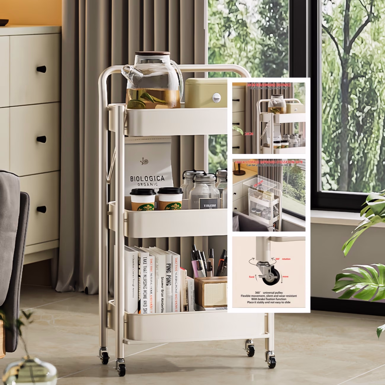 1pc 3-Tier Foldable Rolling Cart – Multipurpose Mobile Shelving Unit with Wheels, Metal Utility Trolley Organizer for Living Room, Kitchen, Bathroom, Bedroom, and Office, Installation-Free, Standing Shelf