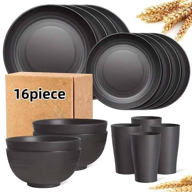 BRCZUO 16/32pcs Kitchen Plastic Wheat Straw Cutlery – Plates, Dessert Plates, Cereal Bowls, Cups, Unbreakable Black Plastic Outdoor Camping Utensils, Family Gatherings, and Birthday Parties
