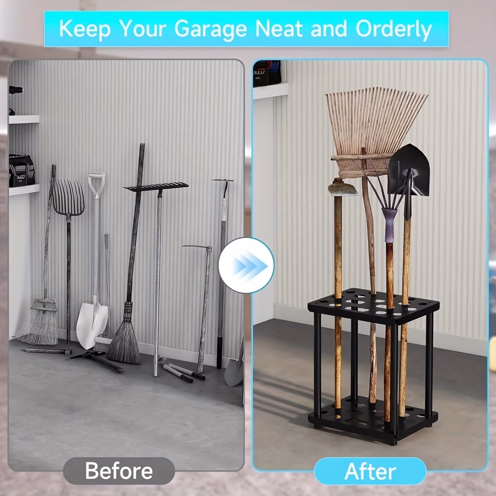 Metal Garden Tool Rack Organizer with Slots for Long Handled Tools – Shovels, Rakes, Brooms, Mops, Garage Shed Storage