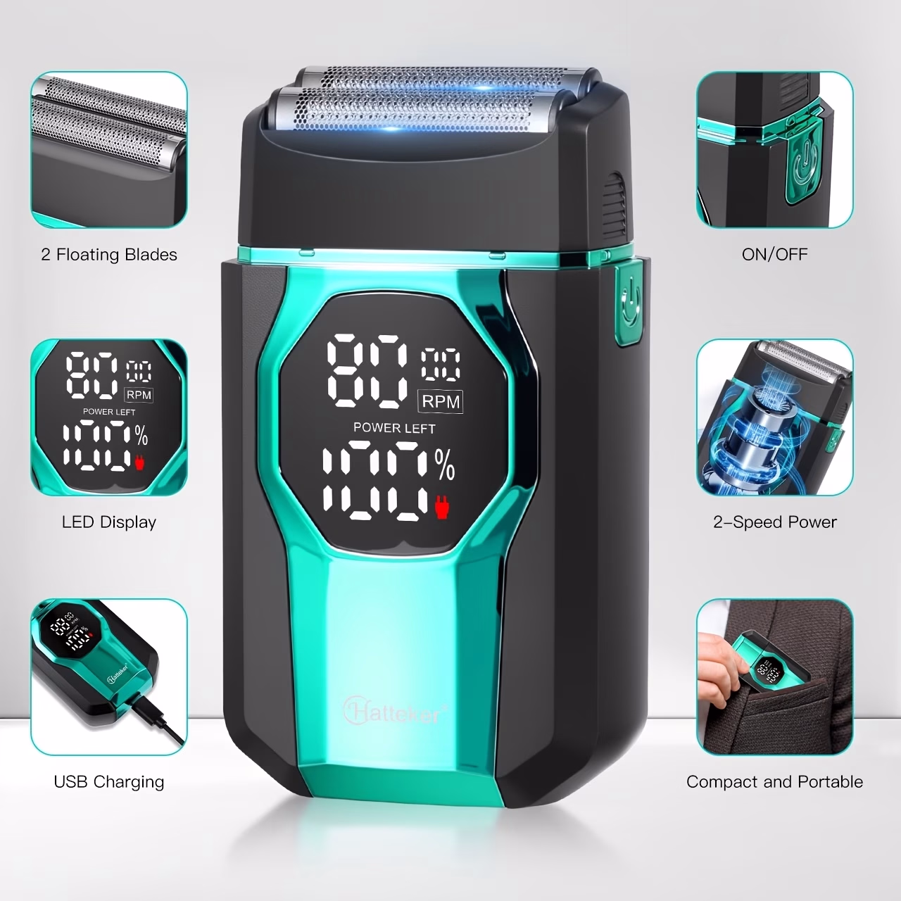 HATTEKER New Electric Shaver Double Blade Mesh Reciprocating Bald Head Whitening Device – Two-Speed Adjustment, Compact, Portable, USB Charging with LCD Digital Display, Ideal Gift for Men