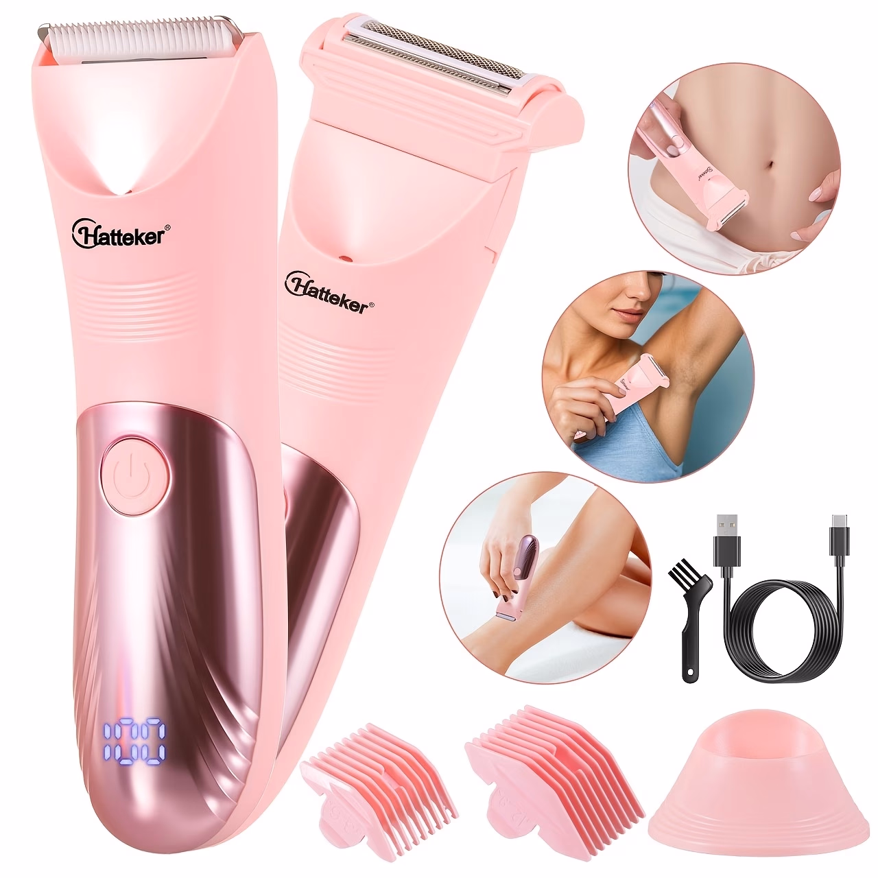 HATTEKER New Women's Shaver – Facial, Bikini, Underarm Digital Multifunctional Shaver, 2-in-1 Women’s Shaver Trimmer, USB Portable Charging, Ideal Gift for Women