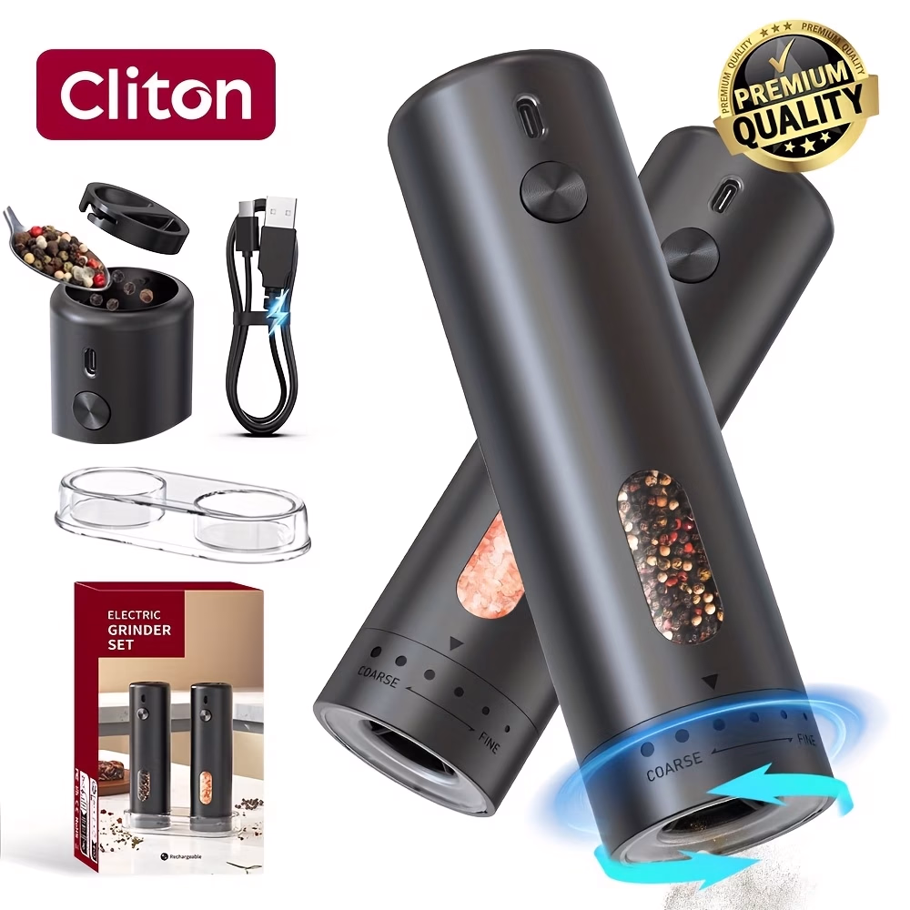CLITON Electric Pepper Grinder Rechargeable – Automatic Salt and Pepper Mills Set with 110ml Container, External Adjustable Coarseness, White LED Light, and One-Handed Operation for Kitchen and Outdoor Use