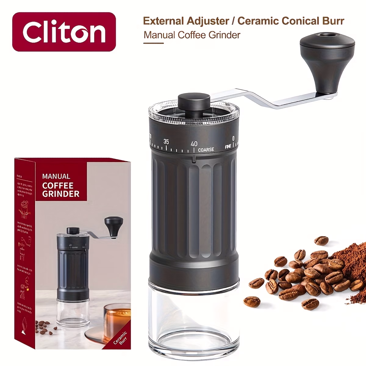 CLITON Manual Coffee Grinder with 40 Adjustable Settings – Portable Cordless Conical Burr Grinder, 35g Capacity, Washable Container, Ideal for Aeropress, Espresso, Pour Over, French Press, Moka Pots, Durable Plastic