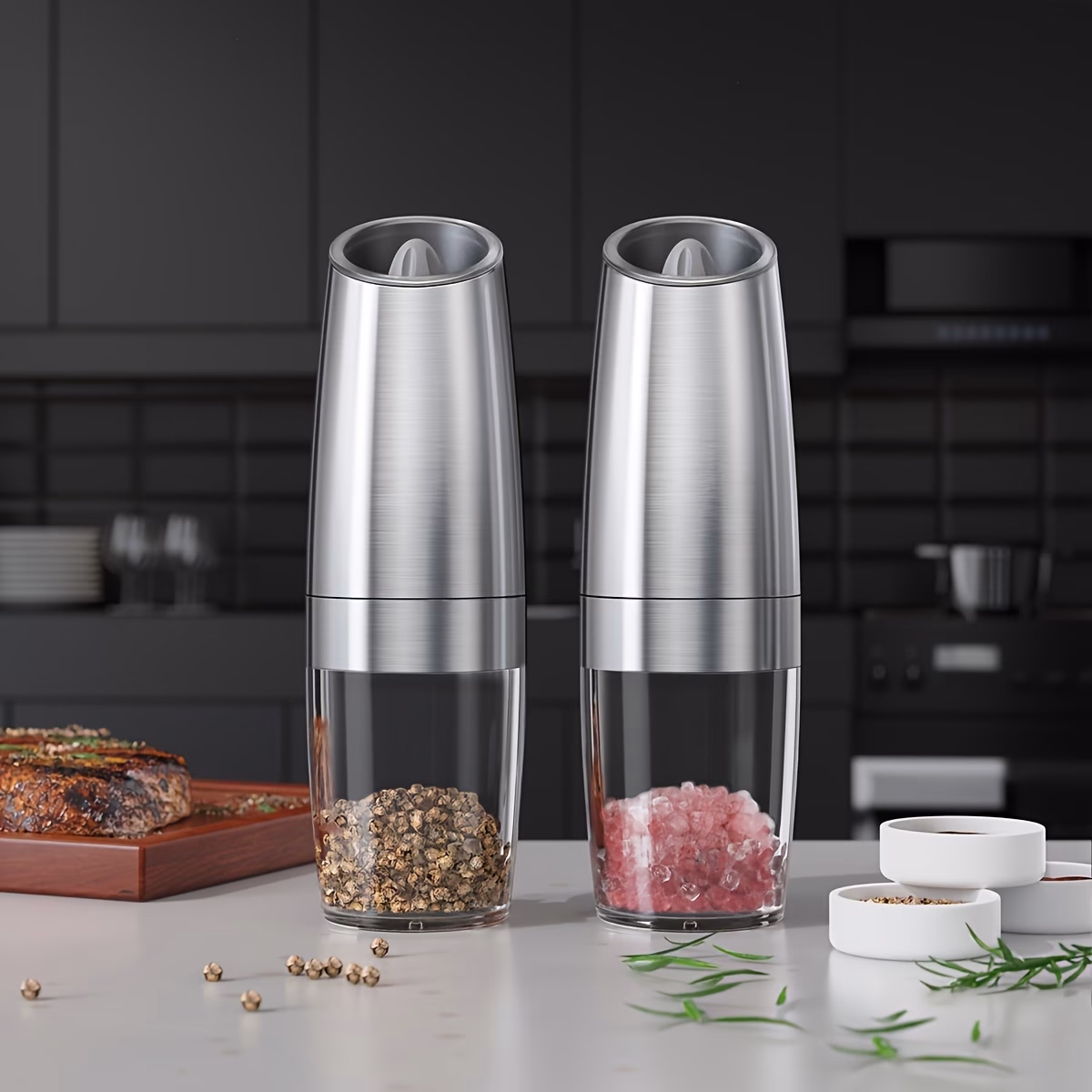 CLITON Automatic Stainless Steel Salt and Pepper Grinder with Gravity Sensor – Featuring LED Illumination, Battery Operation, Adjustable Grind Settings, Enhanced Capacity, and One-Handed Use
