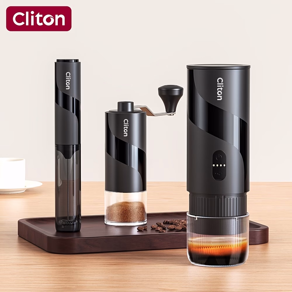 CLITON Portable Espresso Coffee Machine – Rechargeable Coffee Maker with Built-in 1800mAh Lithium Battery, Stainless Steel Water Tank, Compatible with Grounds & Capsules, Suitable for Travel, Camping, Office, Kitchen, and Christmas Gift